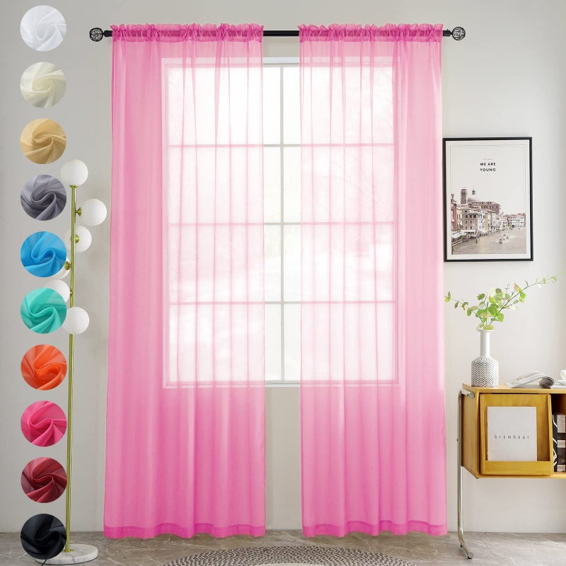 youleyar Solid Sheer Rod Pocket Curtain Voile Draperies 2 Panels White Beige Black Grey Coffee 52 Inch Width 63 Inch Long 1 Pair for Kitchen Bedroom Children Living Room Yard(Pink,52Wx63L) - Image 1